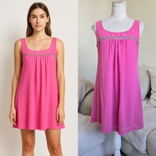 Johnny Martin S Pink Babydoll Sleeveless Mini Dress Beaded Trim Retro 60s Style