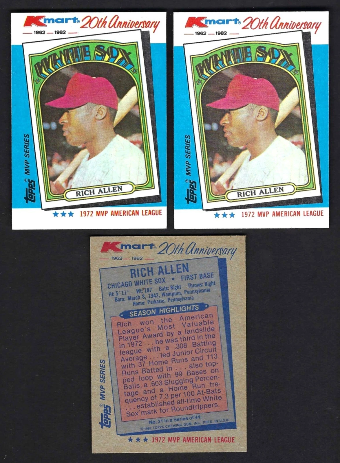 1982 Topps Kmart #21 Rich Allen Chicago White Sox 1972 MVP Lot of 3 MINT
