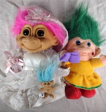 Vintage Troll Doll Lot Bride Pink Hair Plush Green Hair Mini Troll Russ Pebble