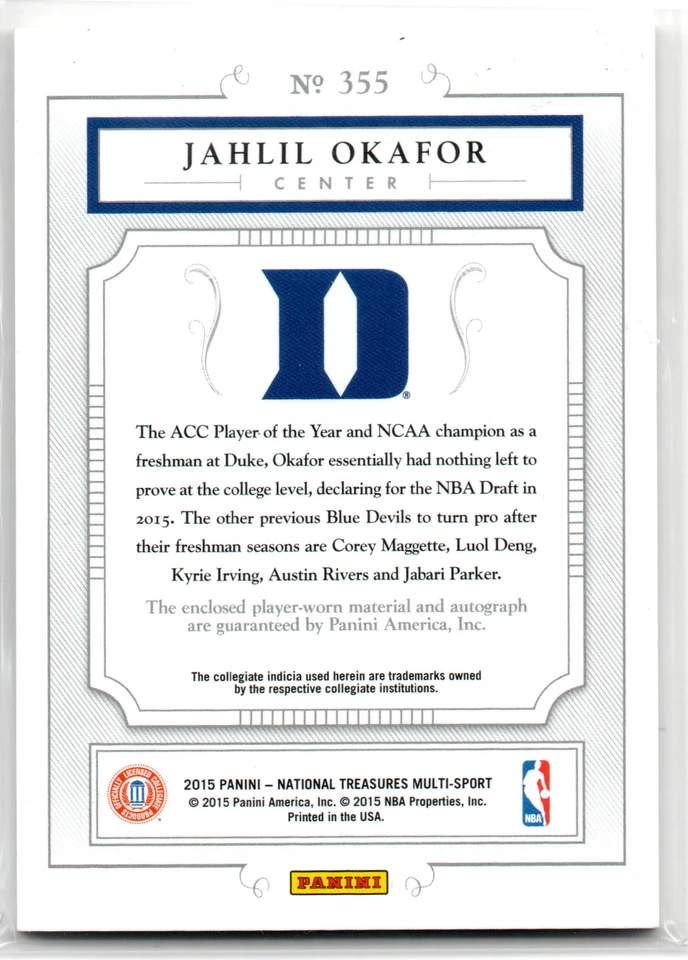 2015 Panini National Treasures Jahlil Okafor #355 Colossal Rookie Patch Auto /25 - Image 2 of 2