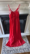 Vintage JCPenney Nylon Nightgown Red Lace Detail Size M Long Cinched Waist
