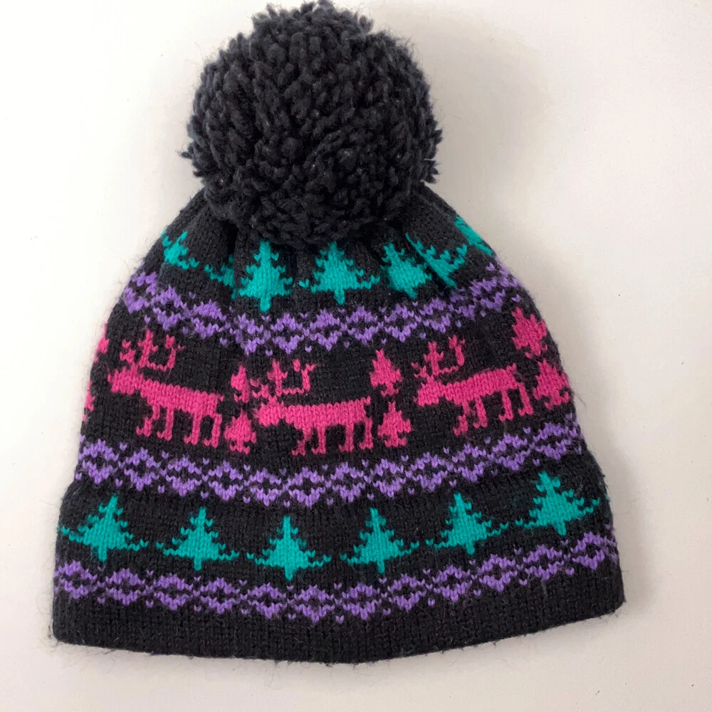 Retro Made USA Black With Bright Pine Treen Reindeer Pattern