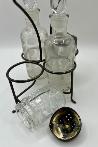 Cruet vintage set 5 pezzi sale pepe olio aceto incisione vetro cottage tavolo - Foto 7 di 10