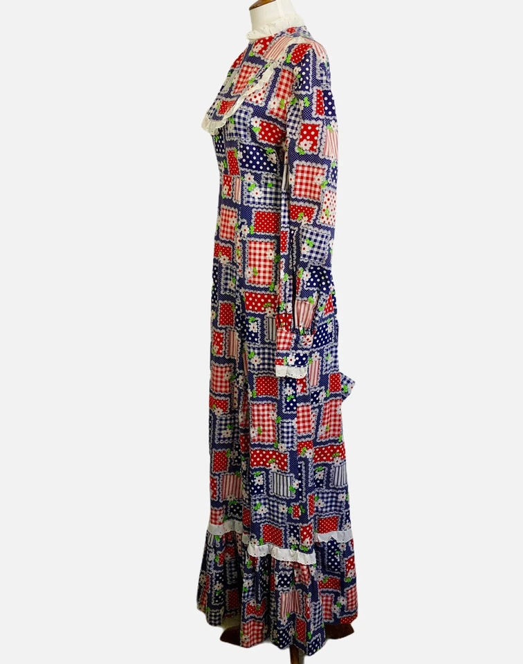 Vtg 70s Patchwork Maxi Dress Size Small Prairie Pioneer Hippie Daisy Lace Yoke - Image 3 of 4