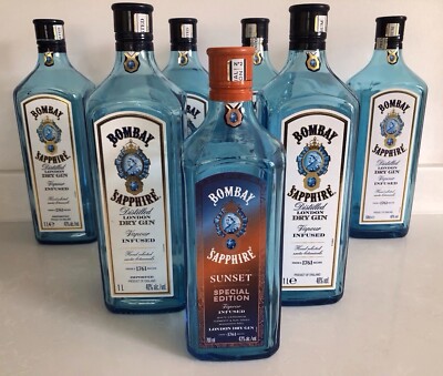 7 x BOMBAY SAPPHIRE Gin Flaschen 1L inkl. Sunset Ltd. Ed. 70cl LEERE Gin Flaschen 