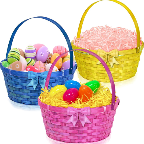 3 Pack Bamboo Easter Egg Hunt Basket, 9.7 Inch Reusable Buckets for Kids, Non-To