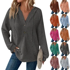 Women Hoodies Waffle Drawstring Button V Neck Long Sleeve Casual Pullover Tops