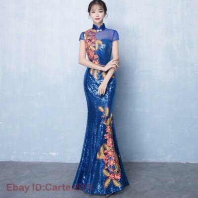 Women Embroidery Sequin Qipao Chinese Cheongsam Evening Party Gown Wedding Dress