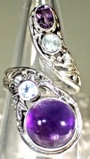 NATURAL AMETHYST  SKY BLUE TOPAZ FREE SZ RING -925 SILVER,14K GOLD PLATED 15-3