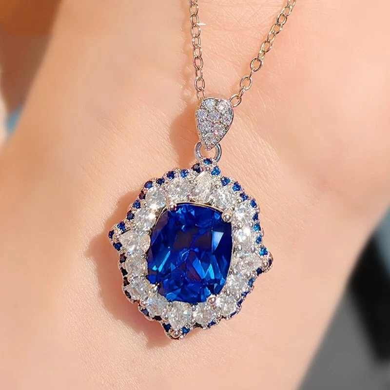 NEW Charm Spinel Blue Topaz Gemstone Luxury Women Girl Silver Necklace Pendant - Image 4 of 4