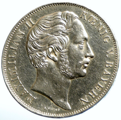 1855 GERMAN STATES Bavaria Maximilian II ANTIQUE Silver 2 Gulden