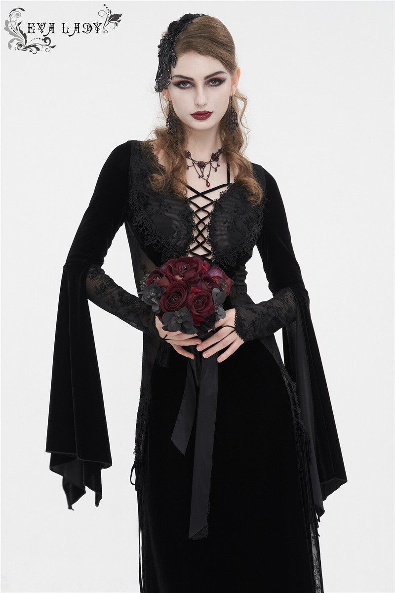 lady v eva dress Eva Lady Black Vintage Gothic Retro Velvet Slit Long Sleeve Fishtail Party Dress