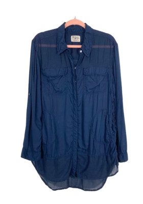 ANTHROPOLOGIE HOLDING HORSES NAVY BUTTON UP SHEER TUNIC/DRESS- SIZE M