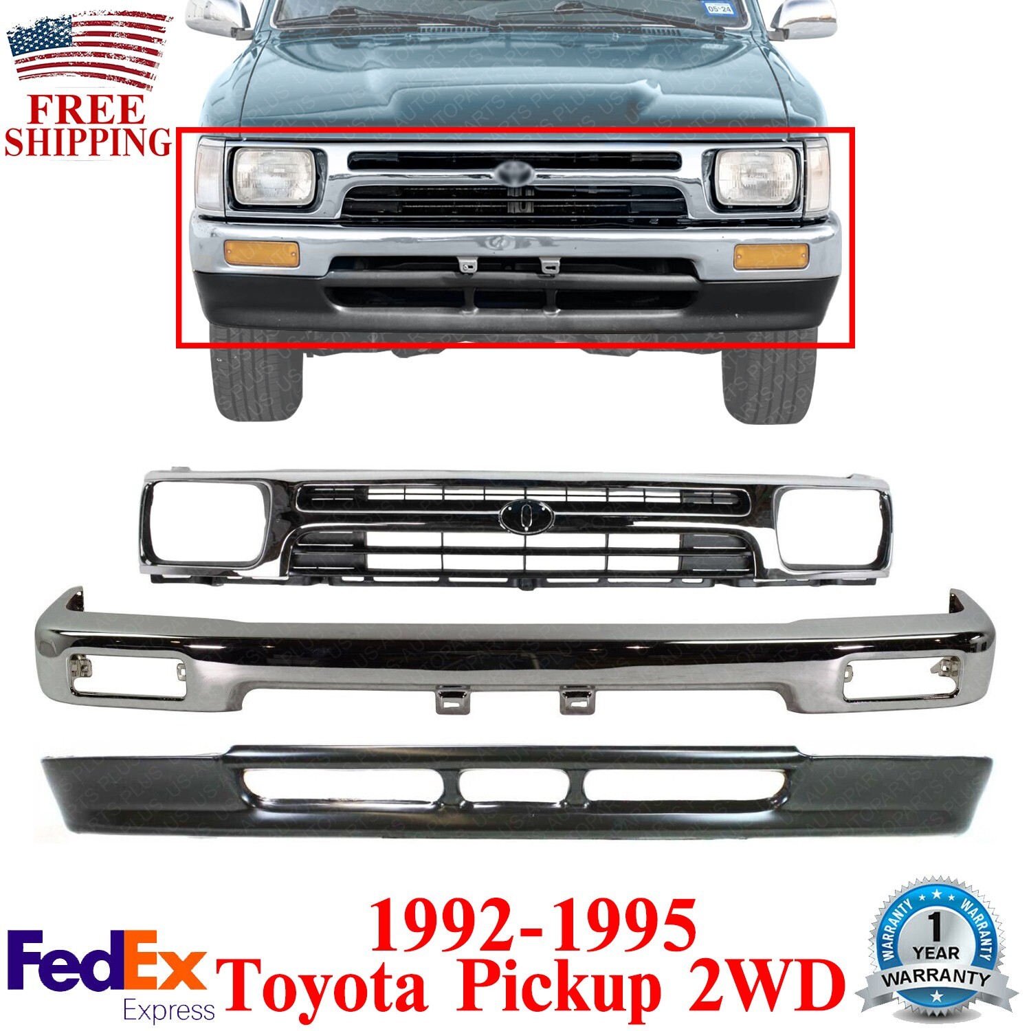 Front Chrome Bumper & Brackets Set – Fits 1989-1995 Toyota Pickup 2WD
