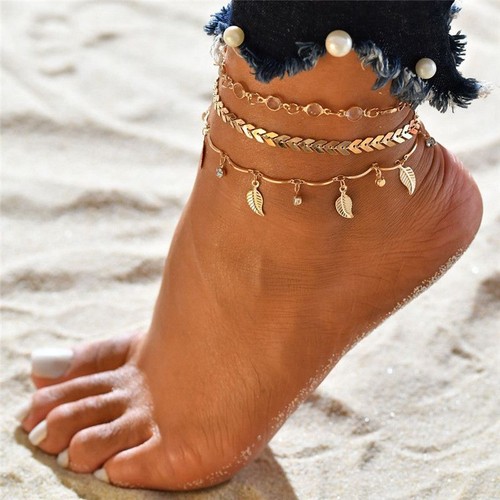 Fußkettchen Fuß Strand Gold Boho mehrlagig Knöchelarmband verstellbare Kette - Bild 6 von 13