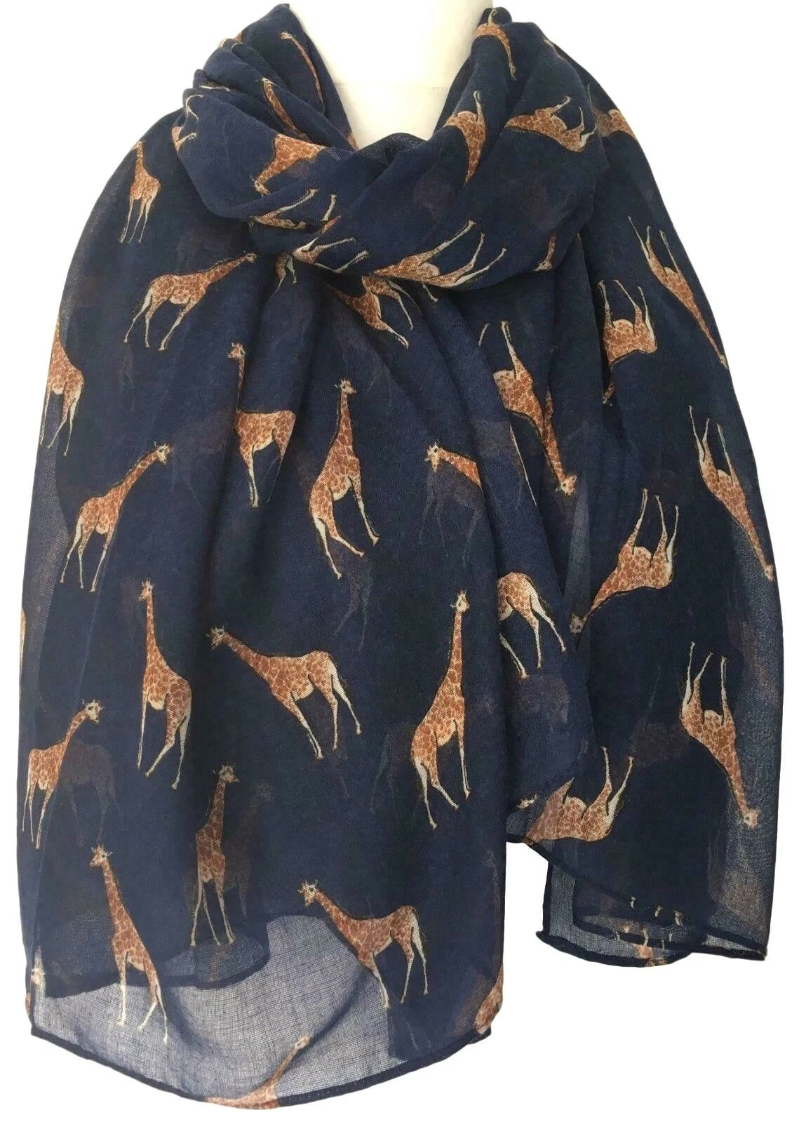 Giraffe Scarf Ladies Navy Blue Brown Giraffes Animal Print Lightweight Wrap