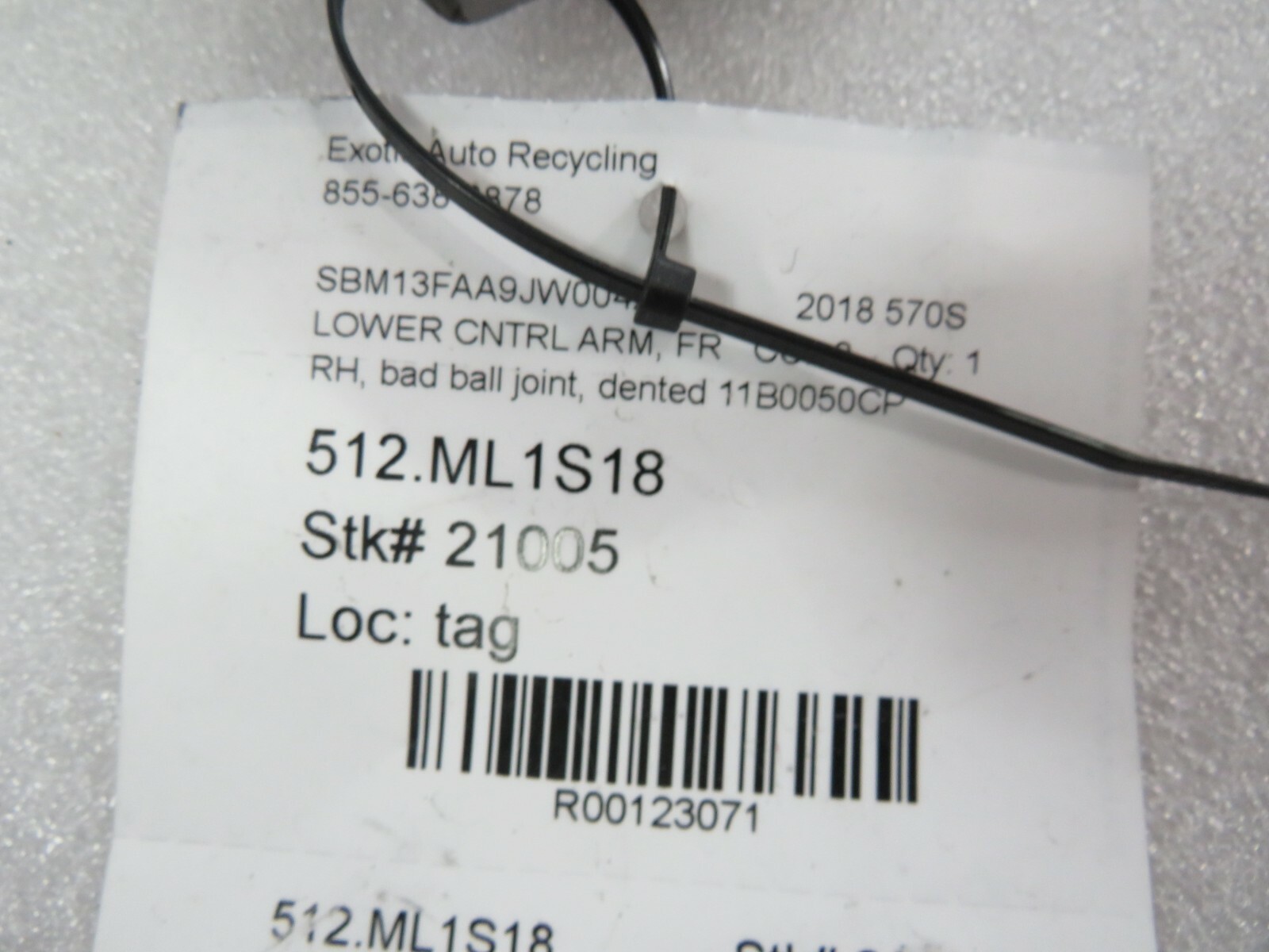 McLaren 570S, RH, Right, Front Lower Control Arm, Used, Dented, P/N 11B0050CP