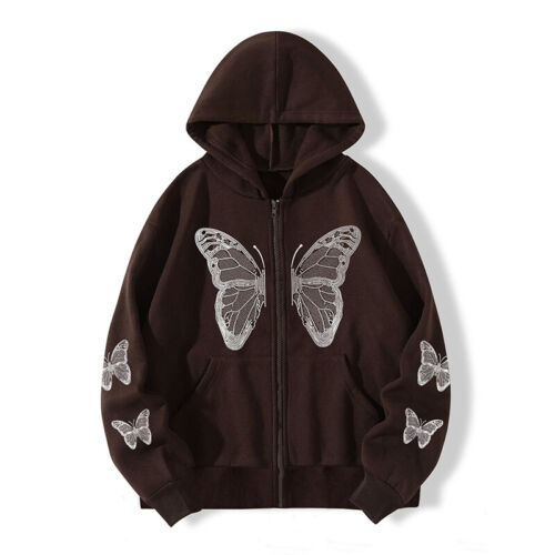 Womens Butterfly Print Hoody Sweatshirt Sports Casual Baggy Zipper ...