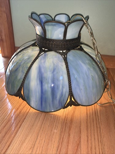 Vintage 1930's Large Tulip Blue Slag Glass Hanging Lamp 19"x11” - Picture 6 of 10