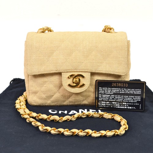 Chanel Classic Square Mini Beige Canvas Chain Flap Shoulder Bag Handbag Purse