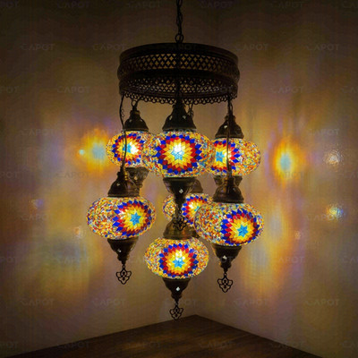 Multicolor türkischer Mosaik Kronleuchter - handgefertigte marokkanische 7 Globus Pendelleuchte