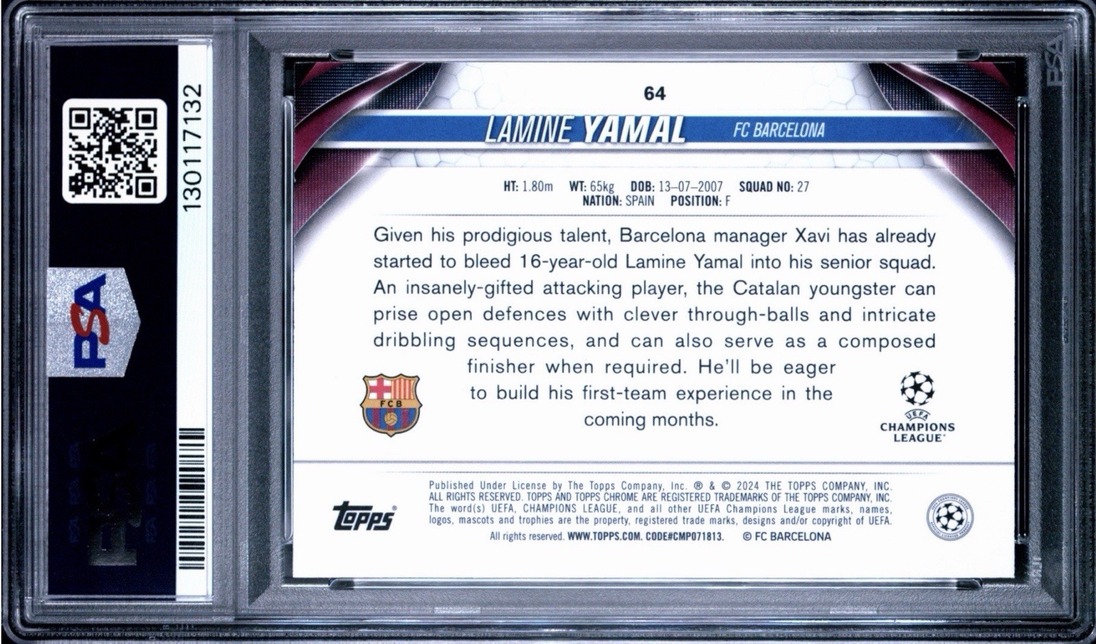 2023-24 TOPPS CHROME UEFA CLUB COMPETITIONS #64 LAMINE YAMAL PSA 10 view 2