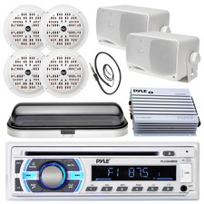Bluetooth Pyle USB Boat Radio, Black 6.5" and 3.5" Speaker Set,Amp,Cover,Antenna