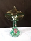 Fenton Green Glass Painted Jack in the Pulpit Vase Purple Flowers Marilyn Wagner