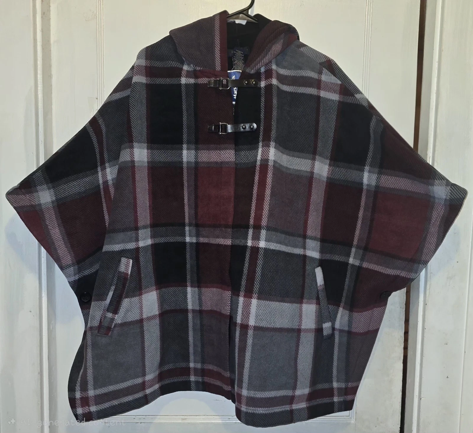 Large XL Rachel Roy Hooded Plaid Poncho Fleece Black Maroon Boho Warm Soft NEW