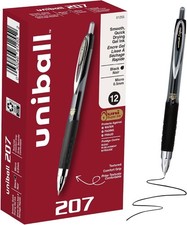 Uniball 207 Gel Pens, Black Ink, 0.5mm Micro Point, Retractable, 12 Count,