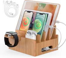 Cell Phone Charging Stations, Bamboo Dock Organizer for Multi Devices, Tablets, 