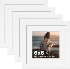 6X6 Picture Frame White Set of 4, Wooden Square Photo Frames Matted 4X4 with Ple