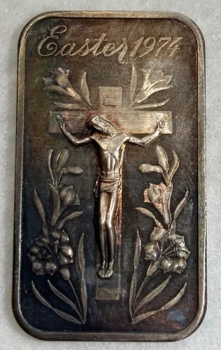 1974 Madison Mint Easter Crucifix Lily 1 oz .999 Fine Silver Art Bar Toned Jesus