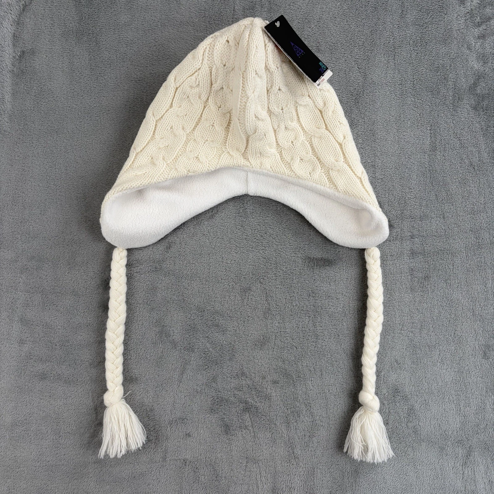 Vintage Nike ACG Therma Hat Unisex L/XL Cream Knit Fleece Lined Ear Flap Beanie
