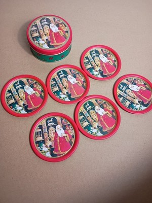 VTG 80s Metal Christmas Santa Claus Coasters Willitts 5485 Set of 6 Tin Classic