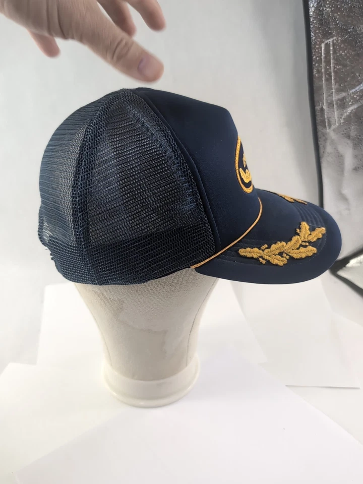 RARE! VTG  Adult, 1980's Captain Gold Leaf Cord Hat Trucker Mesh Back Blue - Image 4 of 4