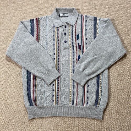 Vintage Coogi Style Pullover Herren Large Grau Geometrisches Muster Knopf Sweater 90s