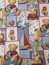 Vintage Daisy Kingdom Blue Jean Teddy Picture Patch Allover Cotton Fabric BTY
