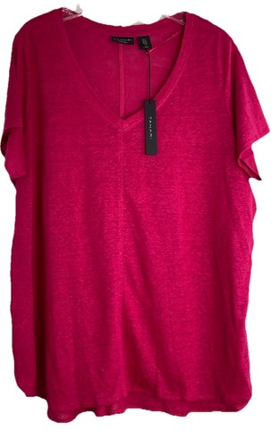 Tahari Women's 100% Linen 1X Pink V-Neck Short Sleeve Tunic Top Hi Low Hem NWT