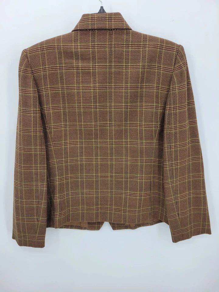 Blazer Doncaster Feminino 10 Marrom Xadrez Lã Botão Frontal Carreira Jaqueta Designer - Imagem 2 de 4