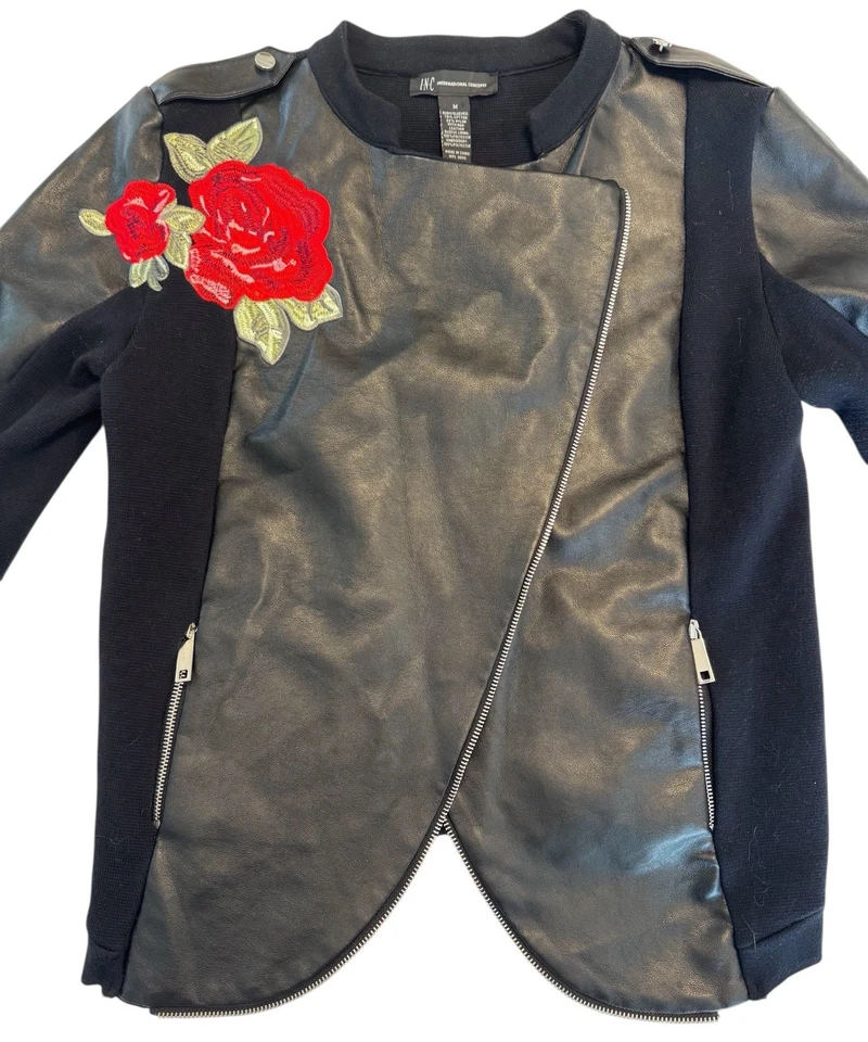 Chaqueta de moto de cuero sintético INC International Concepts roja rosa negra mediana Foto 2 de 4