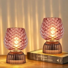 Battery Operated Lamp with Timer, Cute Small Cordless Glass Table Lamp for Ho...