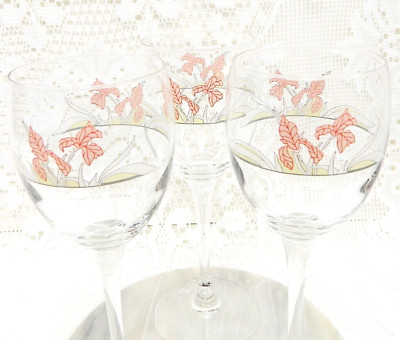3 VTG Arcopal DIANA Stemmed WINE GLASS Pink Iris FRANCE Luminarc MINT CONDITION!