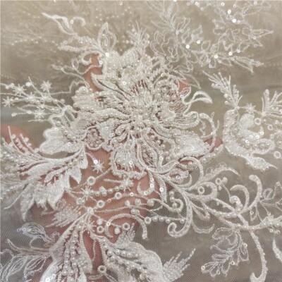 Perlen Blumen Abendkleid Kleid Spitze Stoff Elfenbein Kostüm Tanzkleidung Tüll 1M