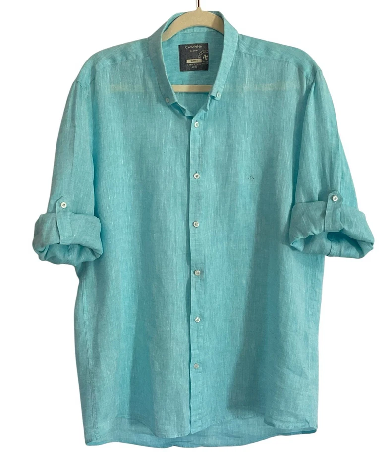Cavanna Sport Slim Fit Men Turquoise Blue Roll Tab Sleeve Shirt Sz L Breathable - Image 2 of 4