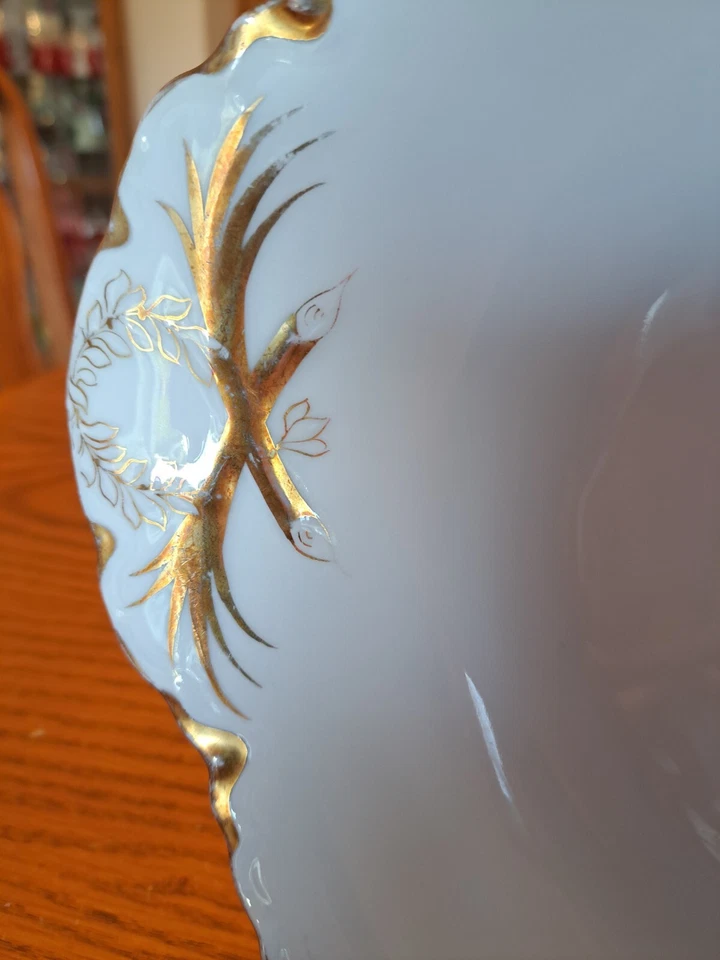 Antiguo cuenco festoneado Rex Bavaria porcelana blanca China oro hoja de olivo rama Foto 3 de 4