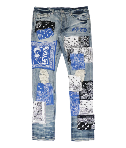 GFTD LA Los Angeles Men's Adrian Skinny Fit Paisley Panel Distress Ripped Jeans - Picture 6 of 13