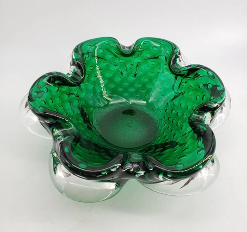 Vintage Murano Green Bullicante Controlled Bubble Art Glass Bowl Ruffled Edge 8"