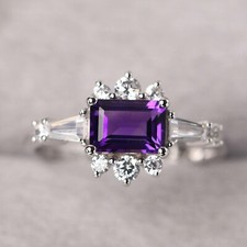 Natural Purple Amethyst Emerald Cut Ring In 925 Sterling Silver Gemstone Ring