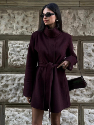Zara ZW Collection Wool Blend Coat With Belt Burgundy Size S Small